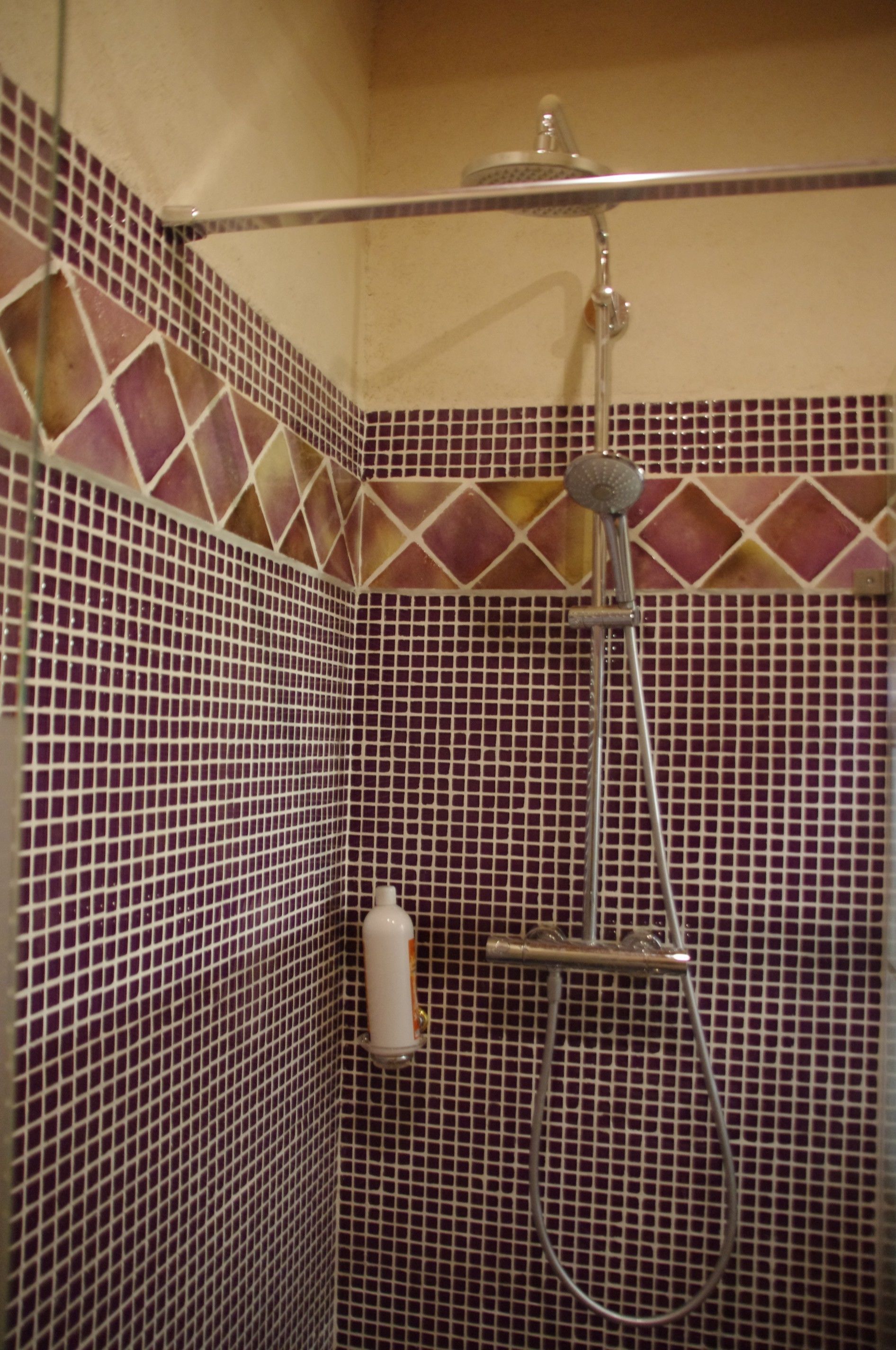 A shower area with a tiled wall and a handheld showerhead.