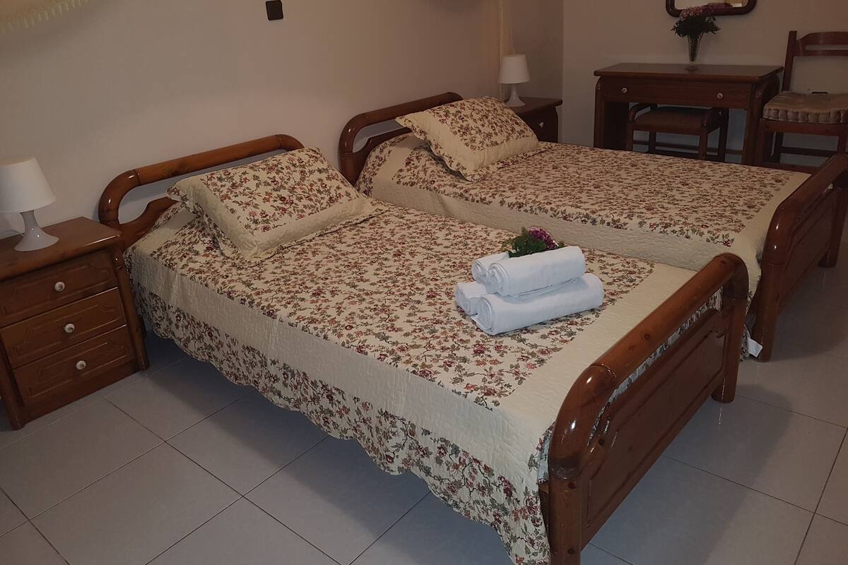Une chambre avec deux lits simples, une table de chevet avec une lampe, une commode et un miroir.