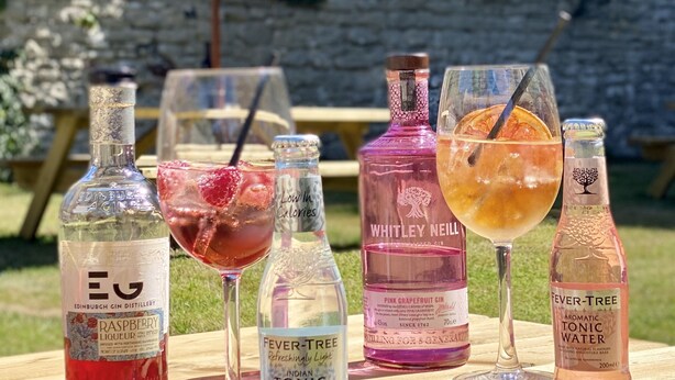 Een tafel met verschillende flessen en glazen drank, waaronder een frambozenlikeur, tonic, roze grapefruitschnapps en Fever-Tree tonic, geplaatst buiten met een groene parasol en een stenen muur op de achtergrond.