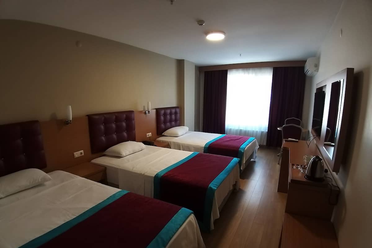 A hotel room with three beds, a wooden desk, a TV, and a window with curtains.