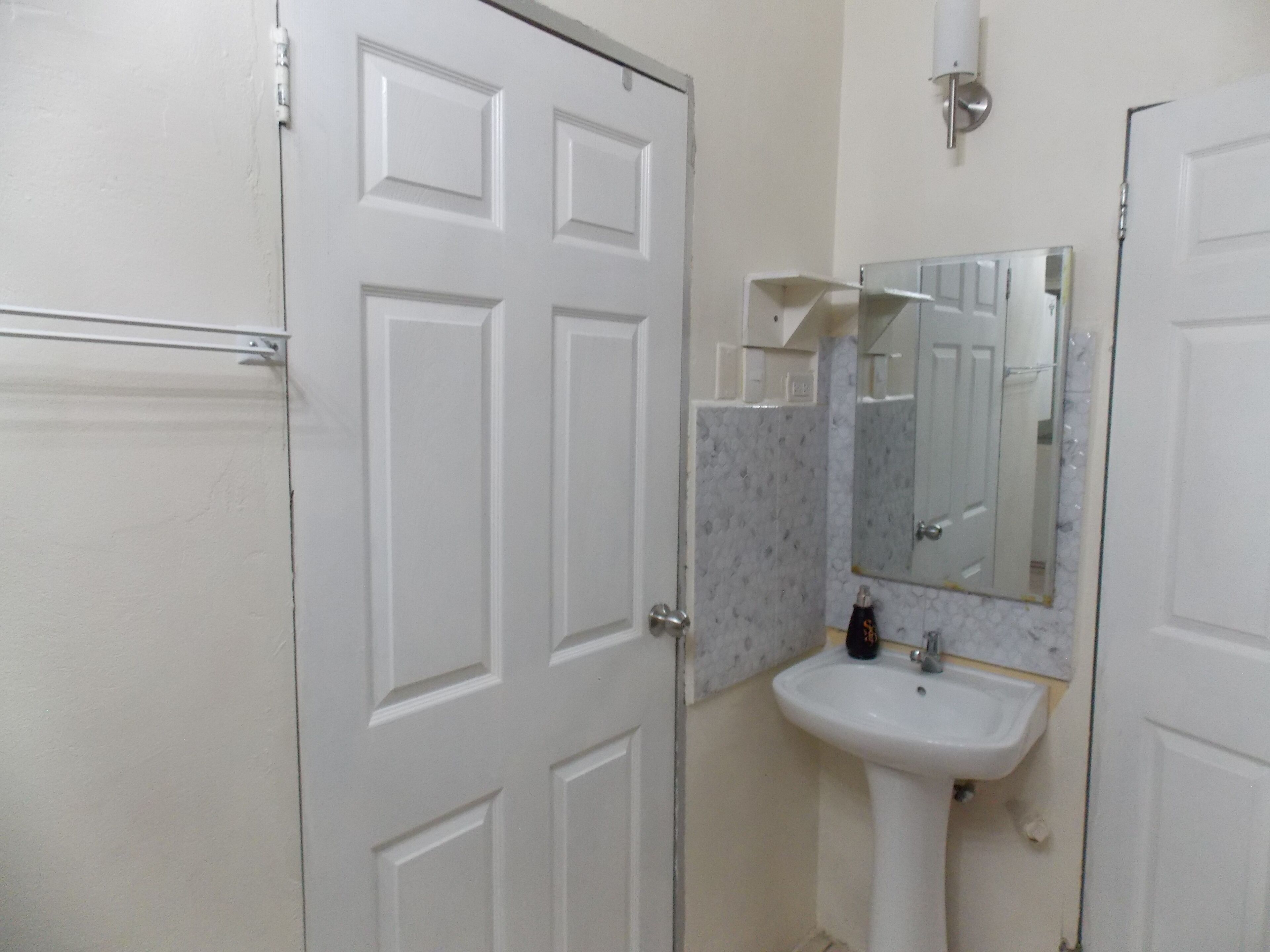 Une salle de bain avec une porte blanche, un lavabo et un miroir.