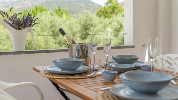 Taula de dinar posta amb bols blaus, glops de vi i una ampolla de vi, amb vista a un paisatge verd i exuberant.