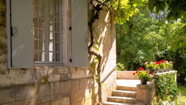 A stone building with a window and a staircase leading to a garden area with potted plants.