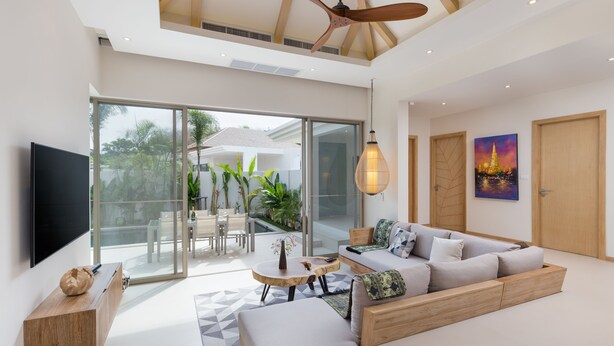 Family Villa, 3 Bedrooms, Private Pool, Garden View | Living area - Trichada Tropical  by Rents In Phuket (Choeng Thale)