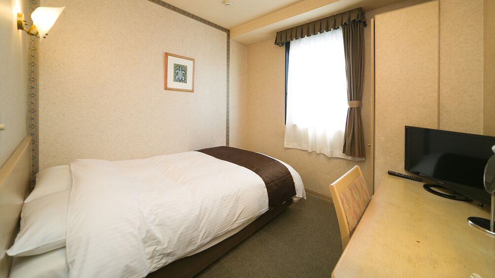Habitació d'hotel amb un llit, escriptori, televisió i finestra amb cortines.
