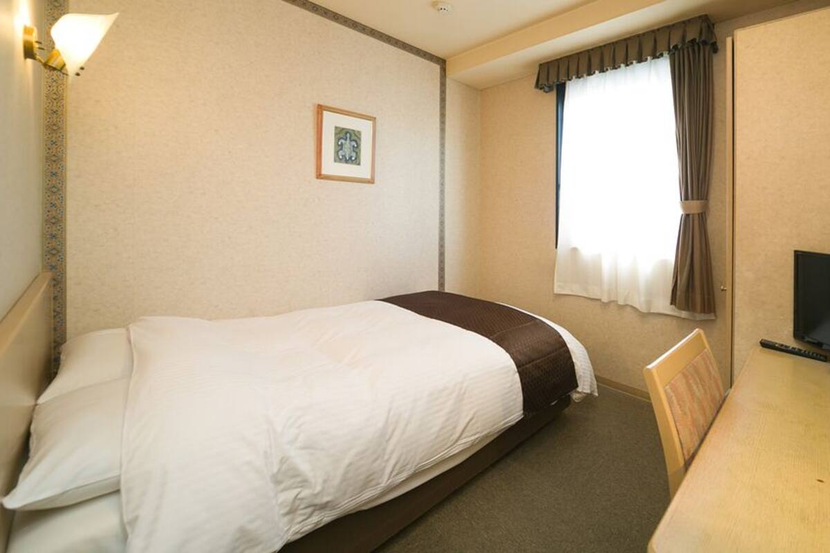 A hotel room with a bed, a desk, a television, and a window with curtains.