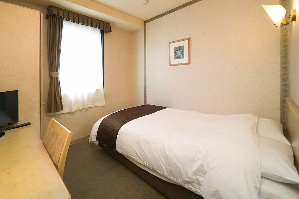 A hotel room with a bed, a desk with a TV, a chair, a window with curtains, and a picture on the wall.