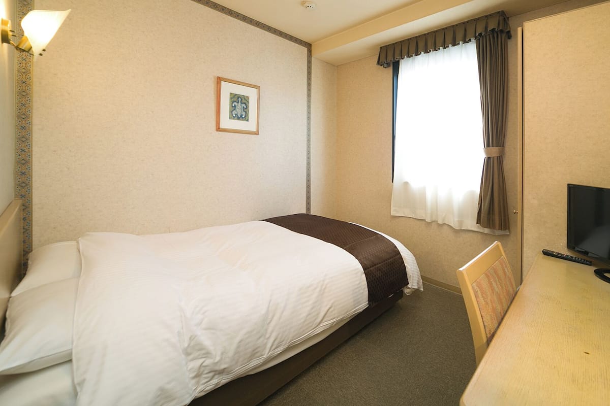 A hotel room with a bed, a desk with a television, a window with curtains, and a wall-mounted picture.