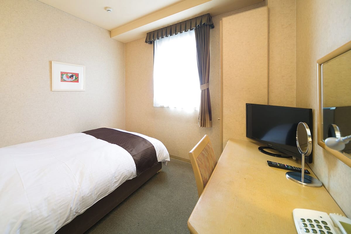 A hotel room with a single bed, a desk with a television, a mirror, and a telephone.