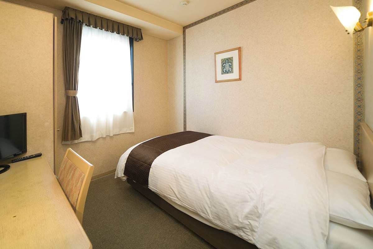 A hotel room with a bed, a desk with a television, a chair, a window with curtains, and a wall-mounted picture.