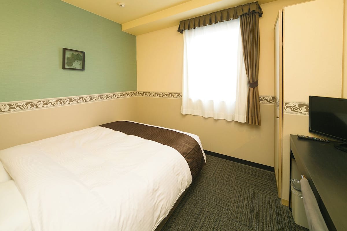 A hotel room with a bed, a television, and a window with curtains.