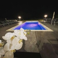 Una piscina con sillones de descanso y un arreglo floral.