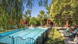 Ein rechteckiger Swimmingpool, umgeben von einem schwarzen Metallzaun, mit Liegestühlen und einem kleinen Gebäude im Hintergrund.