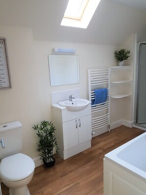 Duschwanne, Haartrockner, Handtücher