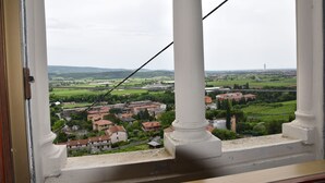 Blick aus einem Fenster mit weißen Säulen auf eine Stadt mit Gebäuden und Grünflächen.