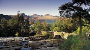Cross a serene river on this rustic bridge, surrounded by lush greenery and majestic mountains.