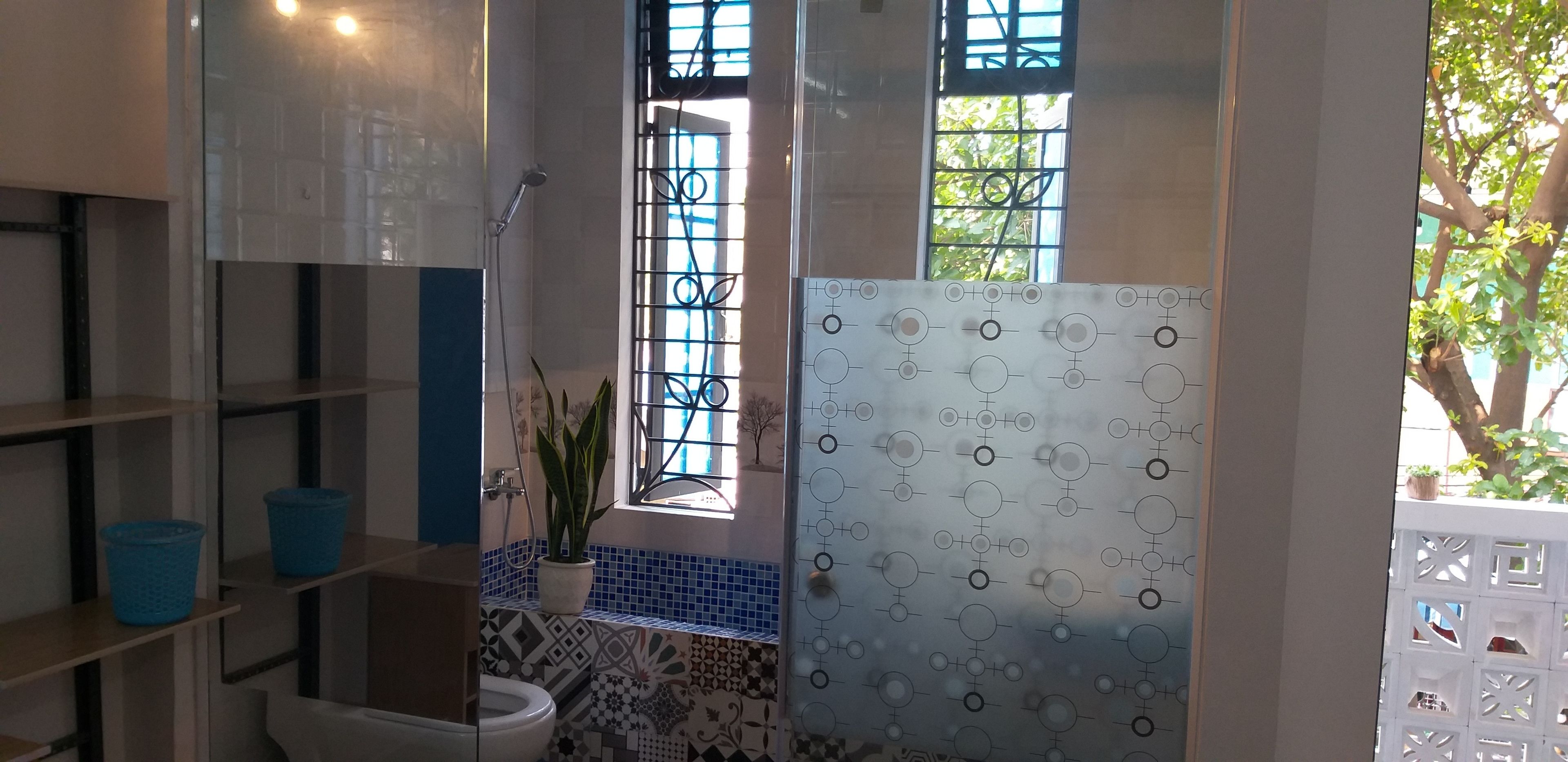 A bathroom with a shower, a toilet, a sink, and a potted plant.