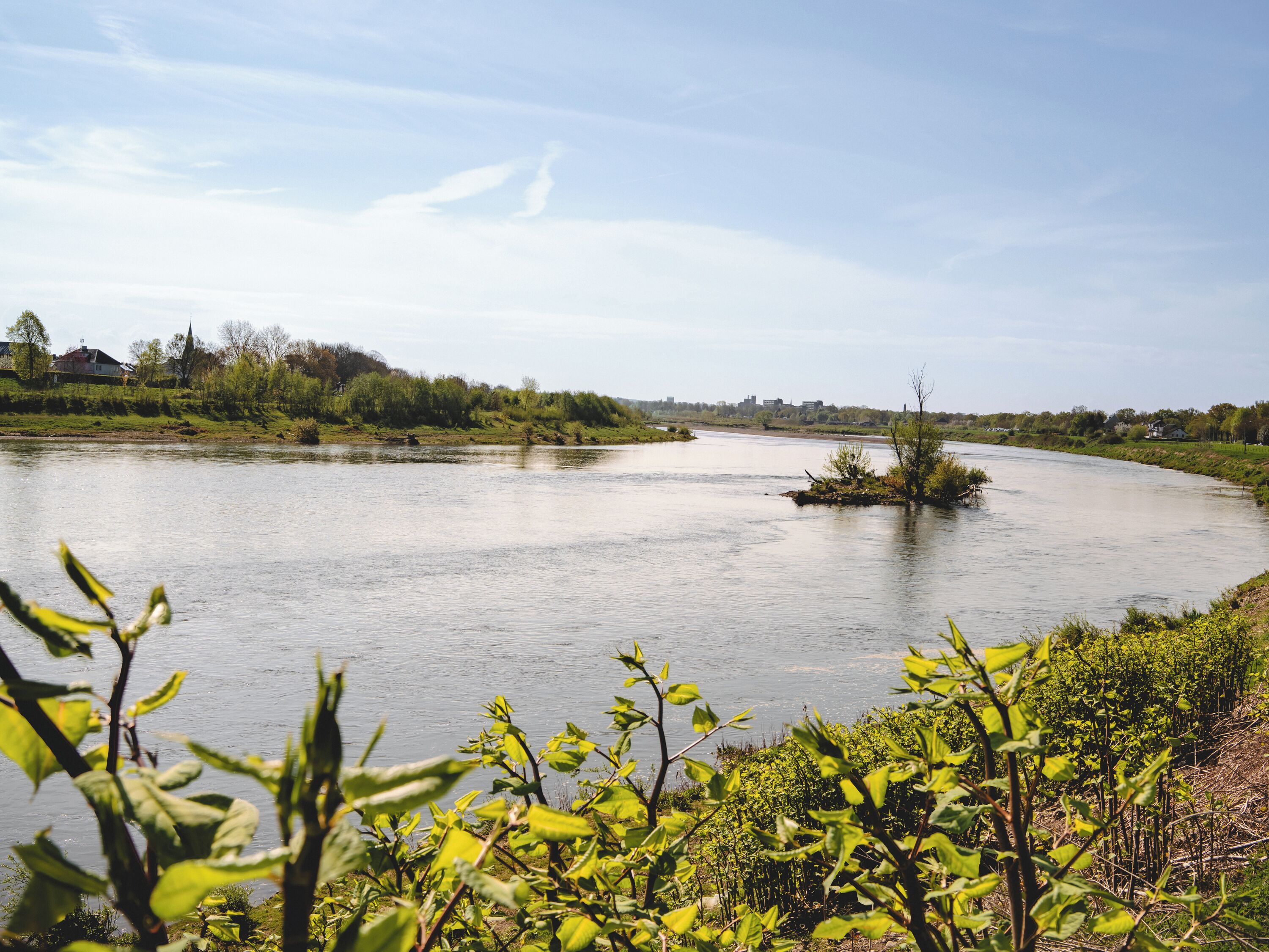 Een rivier met een bocht, omgeven door groen en huizen in de verte.