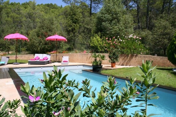 Outdoor pool, pool umbrellas, pool loungers
