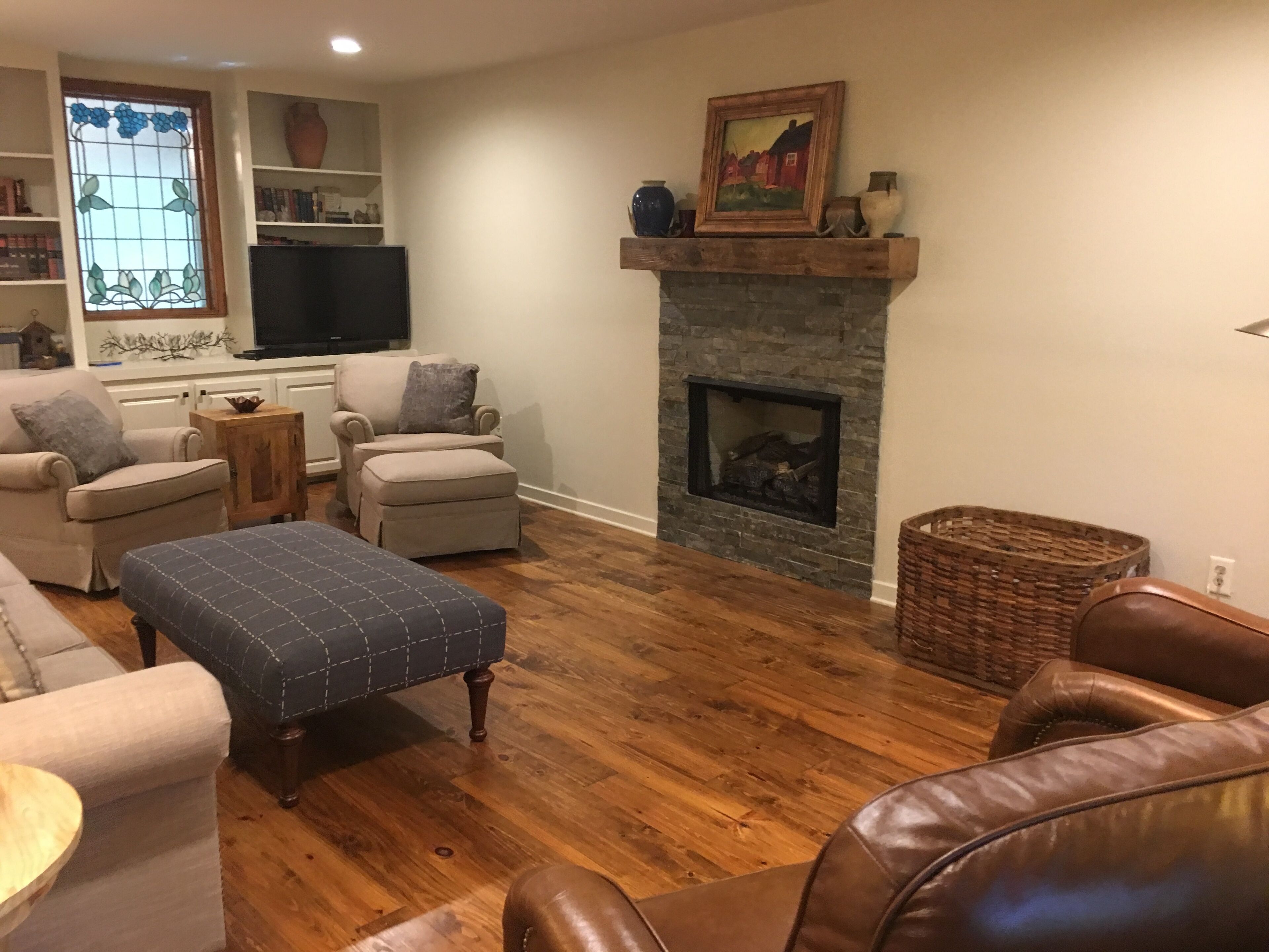 TV, fireplace, books, video library