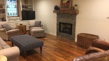 TV, fireplace, books, video library