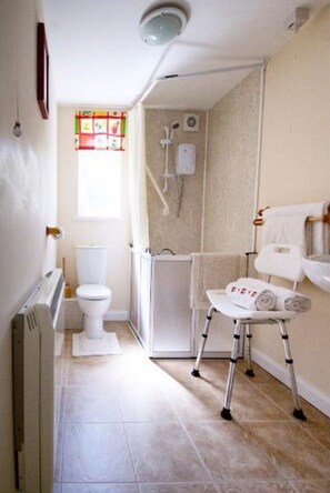 Combined shower/bathtub, hair dryer, towels, toilet paper