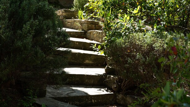 A stone staircase leading up to a building with a beige facade. - Architect's Villa In The Heart Of The Vines Near Avignon (Châteauneuf-de-Gadagne)