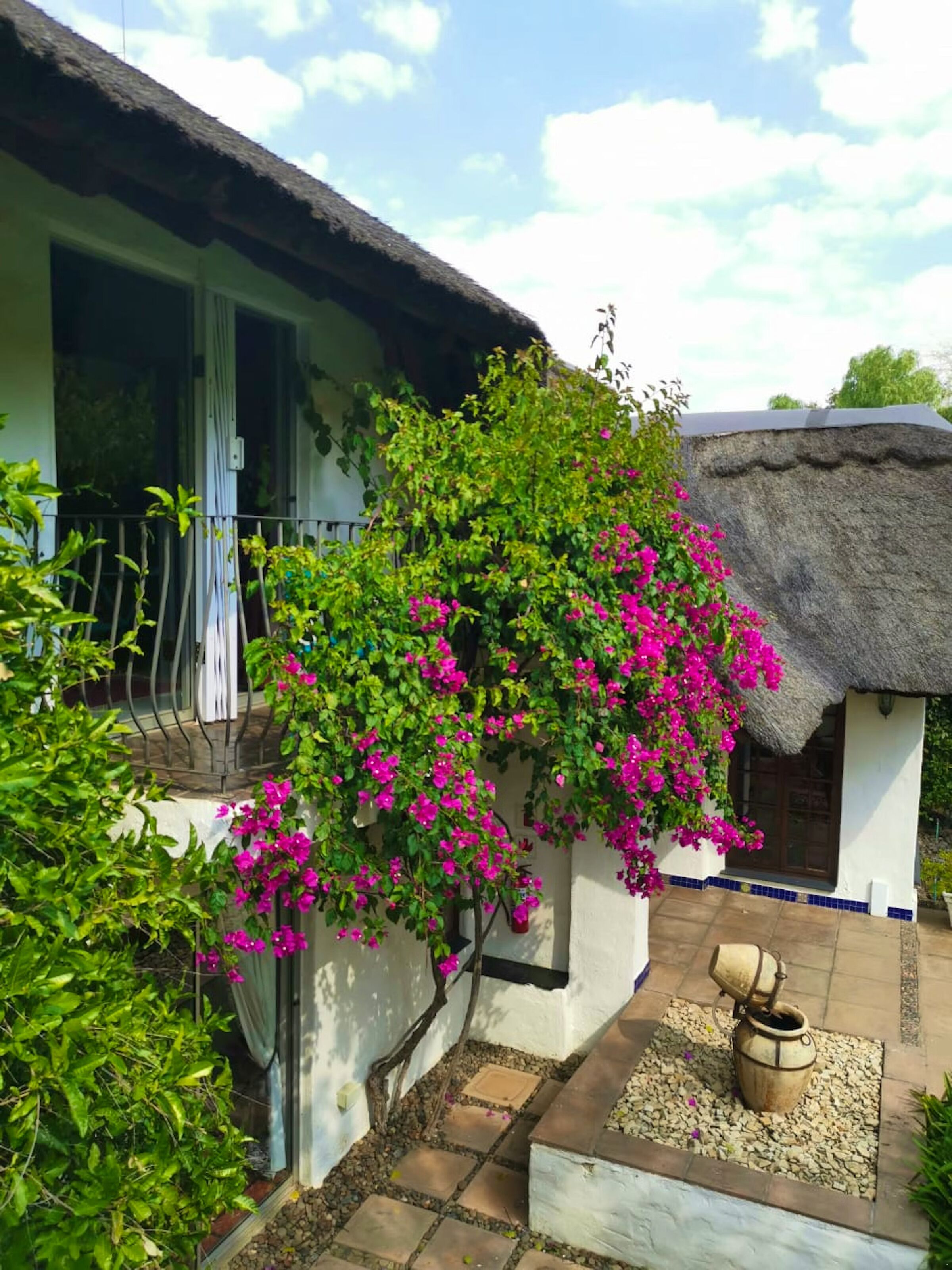 A house with a thatched roof, a white exterior, and a garden with pink flowers.