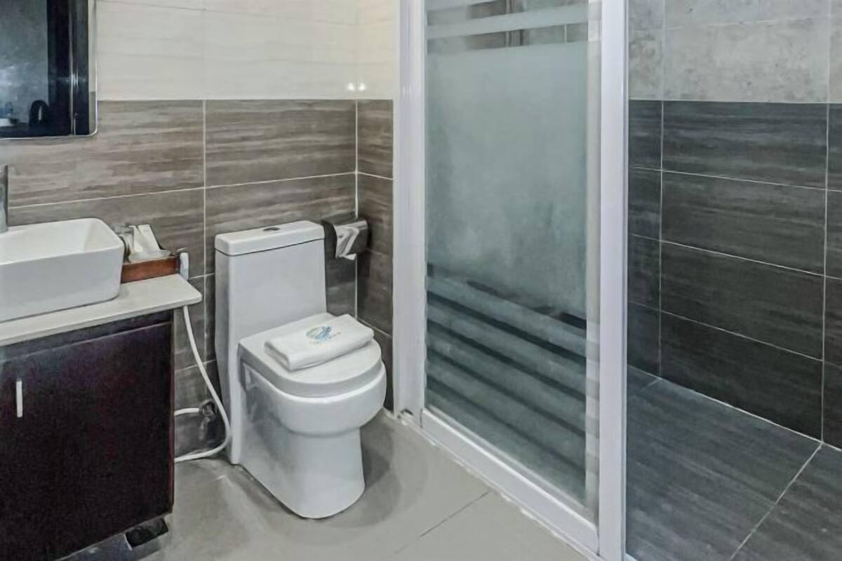 Secadora de cabello, pantuflas, bidet, toallas