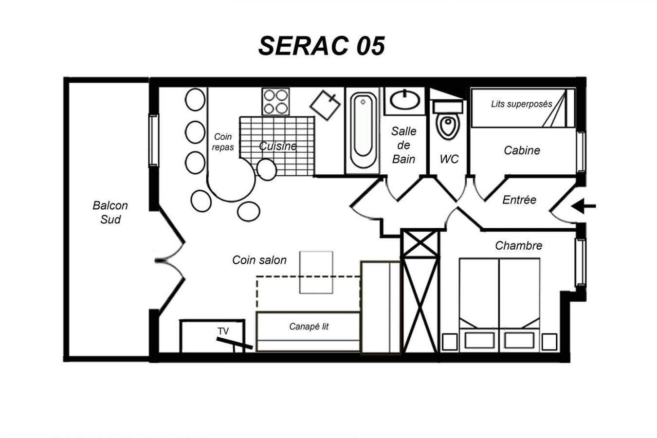 Plan d’étage du SERAC 05, comprenant un balcon, une cuisine, une salle de bain, des toilettes et un espace dédié à la télévision.