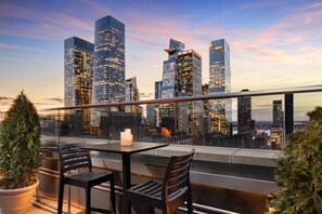A rooftop terrace with a city skyline view, modern furniture, and a potted plant.
