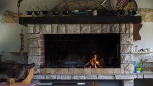 Una chimenea de piedra con fuego, rodeada de diferentes utensilios de cocina y una planta colgante.