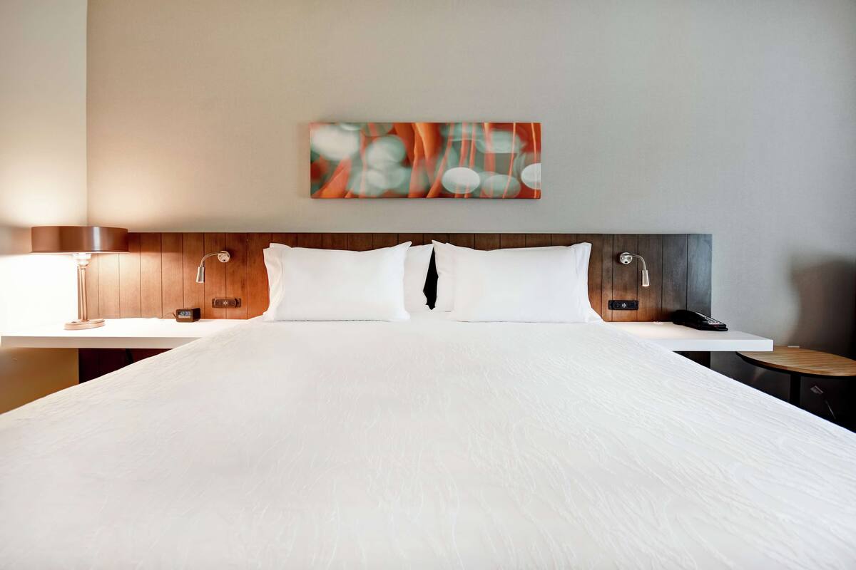A hotel room with a large bed, a bedside table, a lamp, and a wall-mounted artwork.