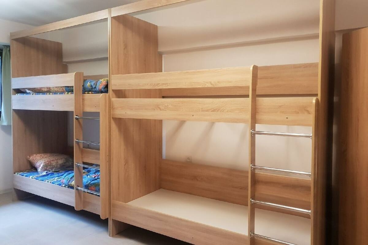 A bunk bed with a lower bunk and a ladder.
