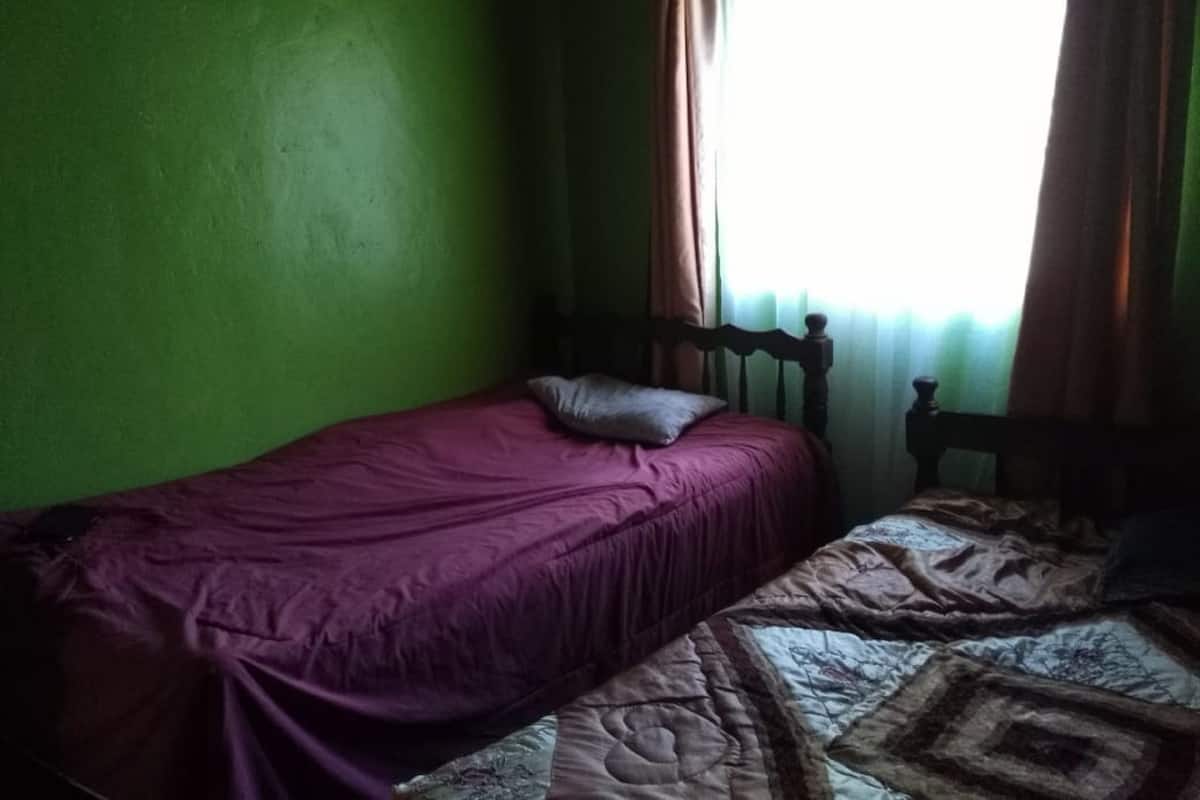 A small, single-bed room with green walls, a wooden headboard, and a window with curtains.
