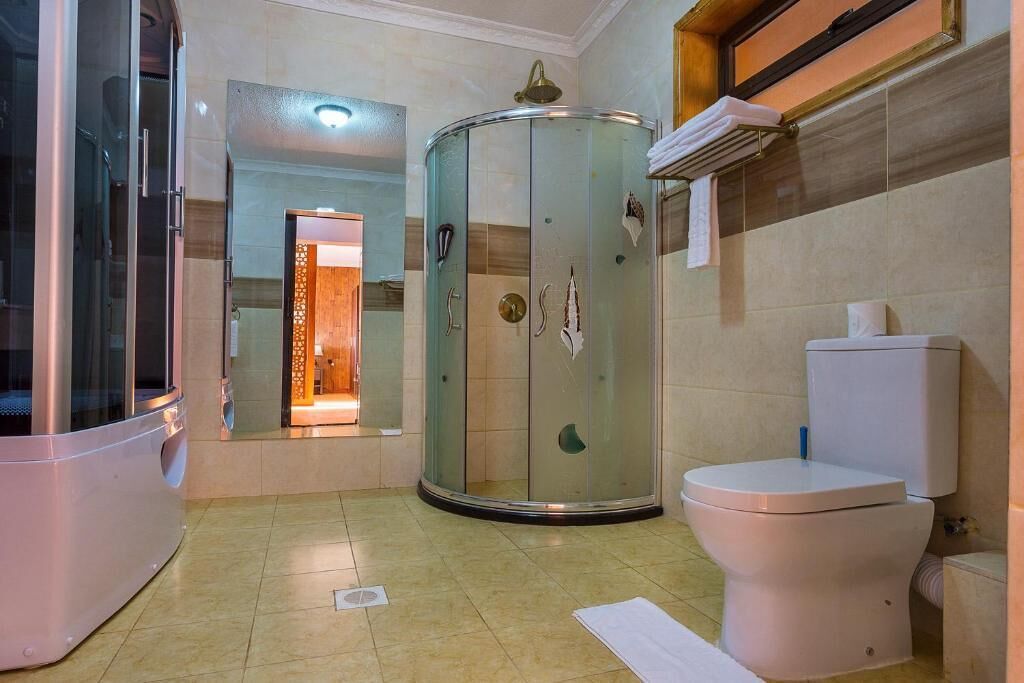 Une salle de bain avec une douche à parois de verre, des toilettes et un lavabo.