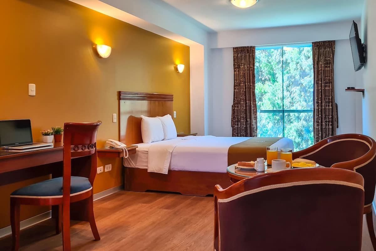 A hotel room with a bed, desk, chairs, and a view of greenery through the window.