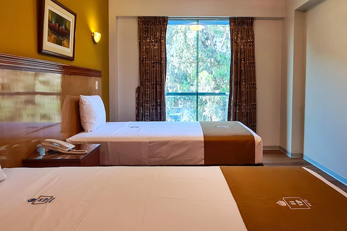 A hotel room with two beds, a bedside table with a phone, a framed picture on the wall, and a window with curtains.