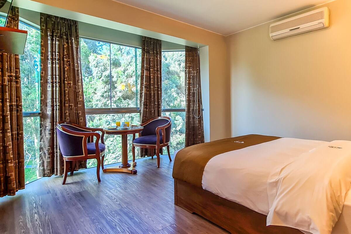 A hotel room with a bed, a table with chairs, and a view of greenery through large windows.