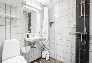 Shower, towels, soap, toilet paper