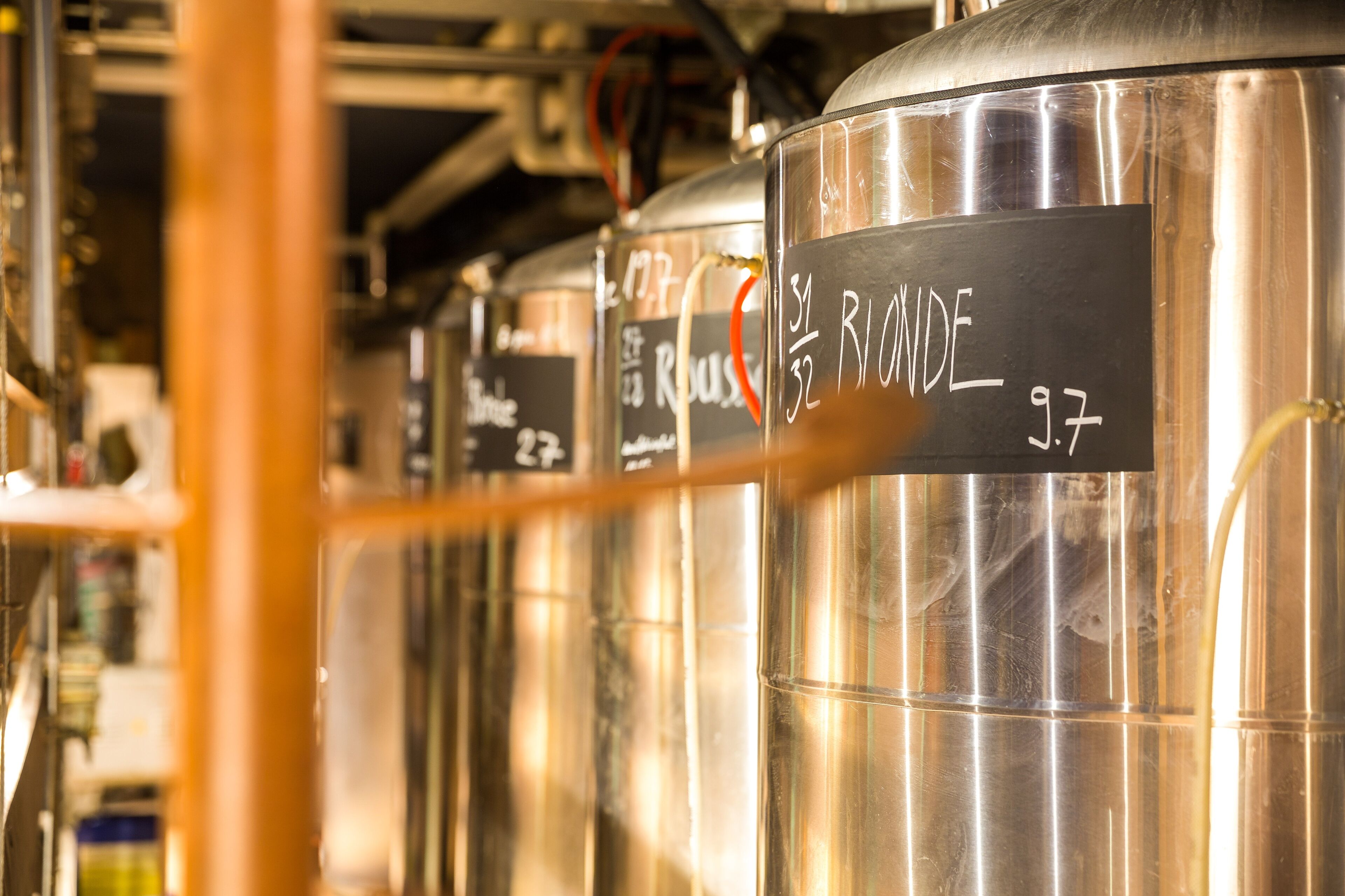 RVS-brouwtanks met etiketten die verschillende biersoorten aangeven.