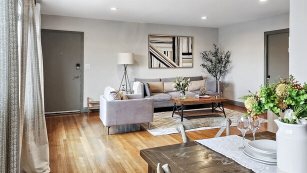A modern living room with a sofa, coffee table, and decorative plants. - Close to Beach &  Major Attractions. Outdoor Patio with Firepit.  Free Parking. (Culver City)
