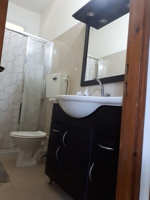 Shower, towels, soap, toilet paper