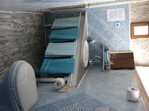 Chuveiro, secador de cabelo, toalhas de banho