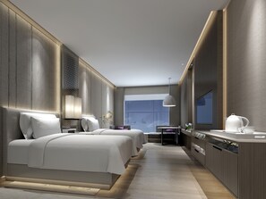 A modern hotel room with two beds, a kitchenette, a TV, and a large window. - Kathmandu Marriott Hotel (Kathmandu)