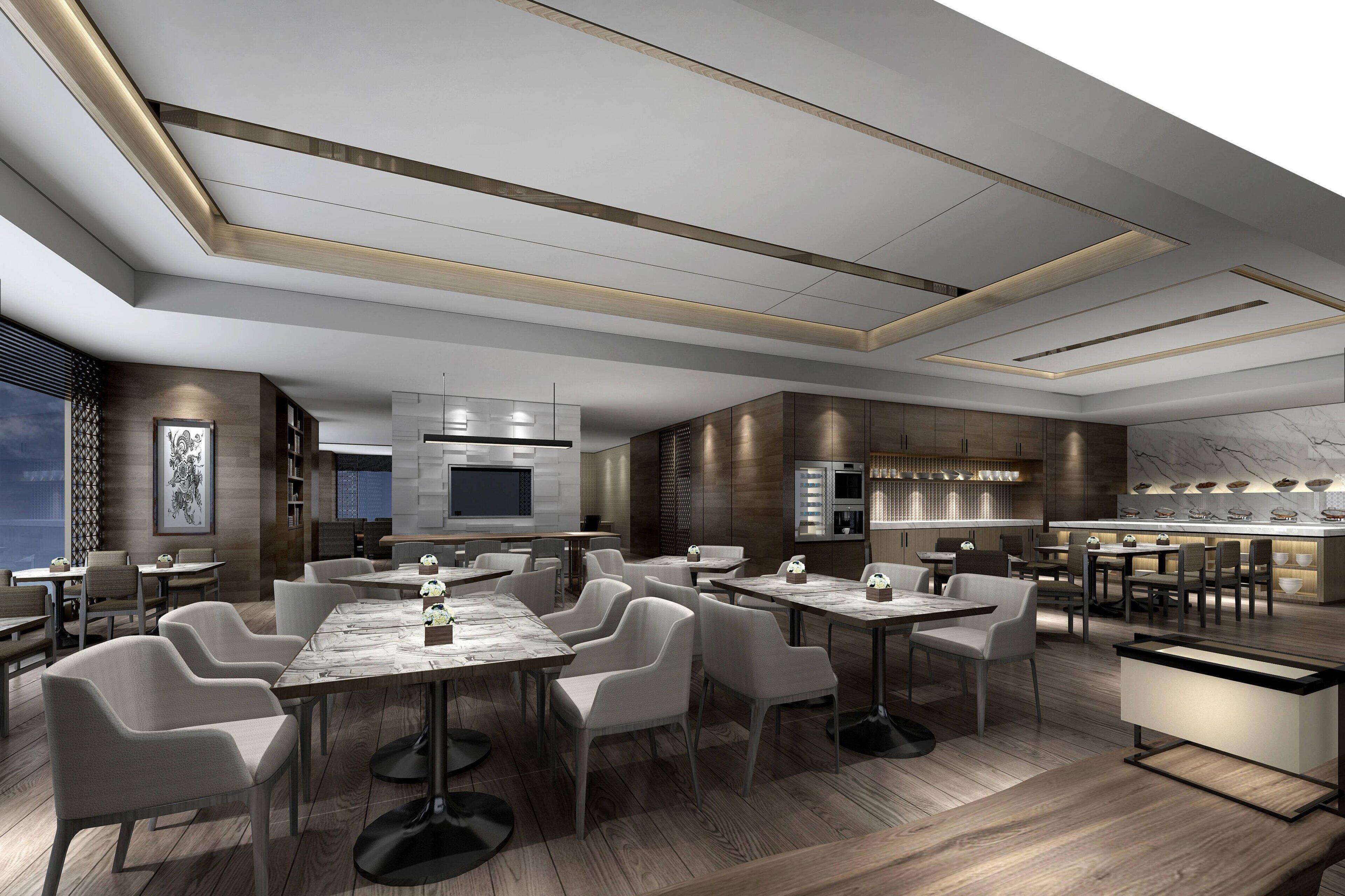A modern restaurant with a central dining area, a bar, and a kitchen.