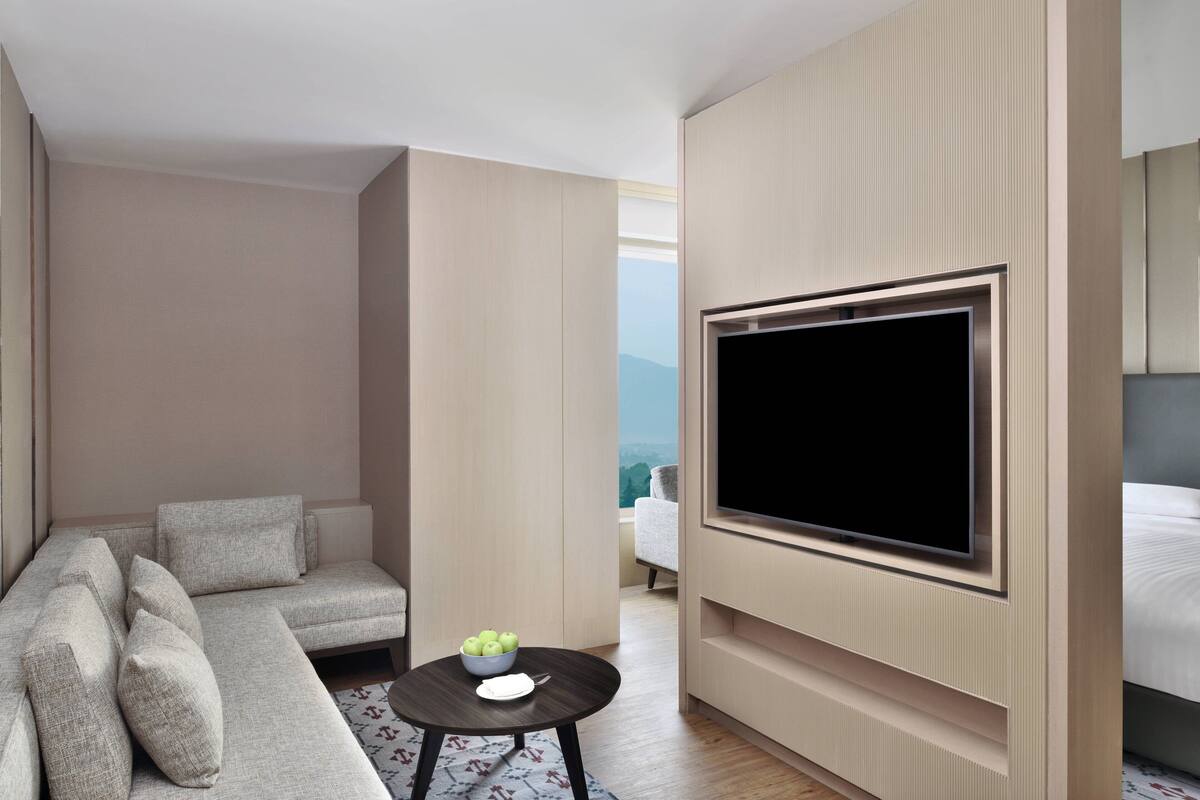 Ein modernes Hotelzimmer mit einer Couch, einem kleinen Tisch mit einer Schüssel Äpfeln, einem flachbildfernseher an der Wand und einem Bett mit Kopfteil.