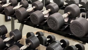 A rack of black dumbbells with weight markings, arranged on a metal stand.
