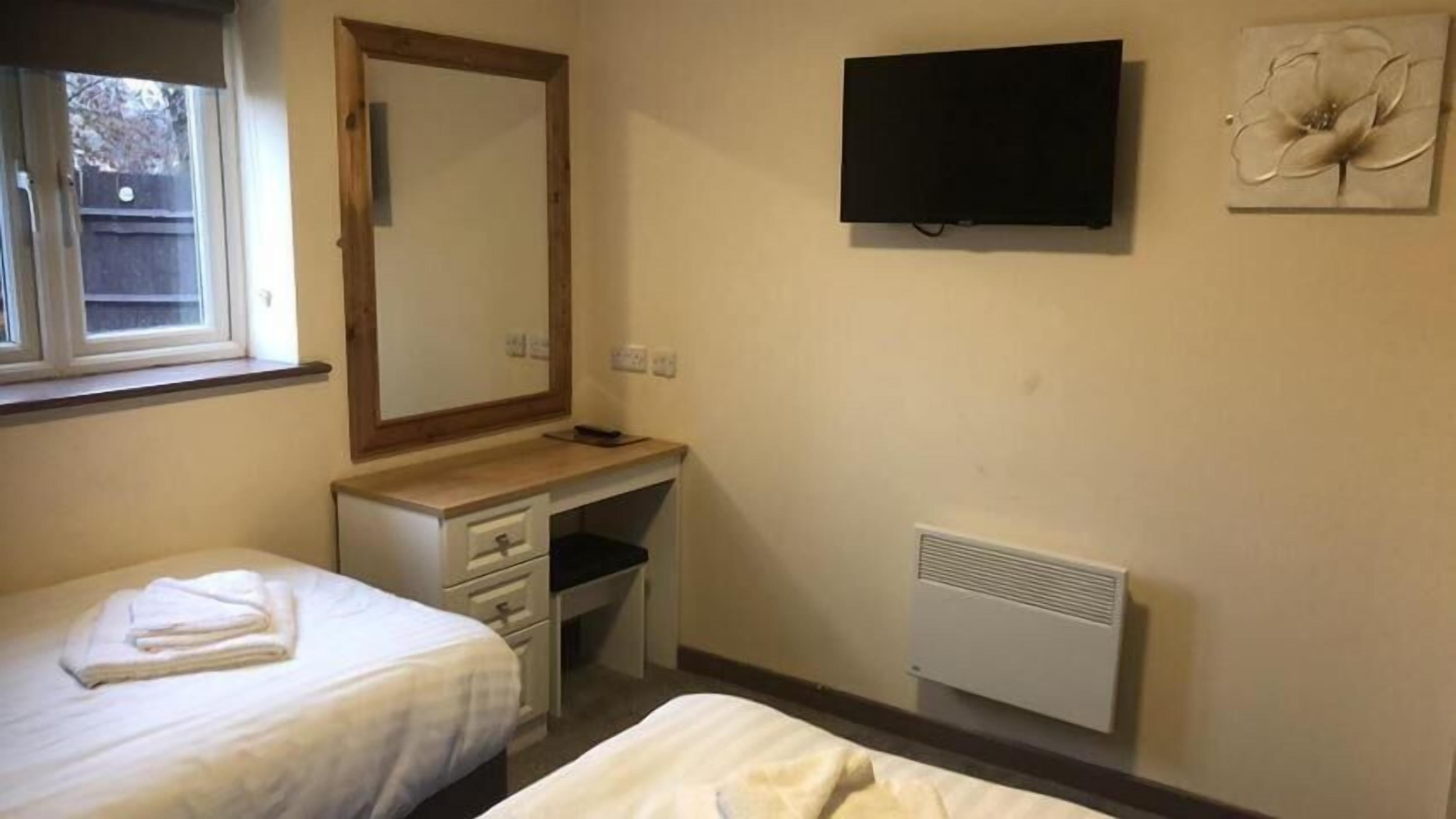 A bedroom with two beds, a dresser, a mirror, a television, and a radiator.