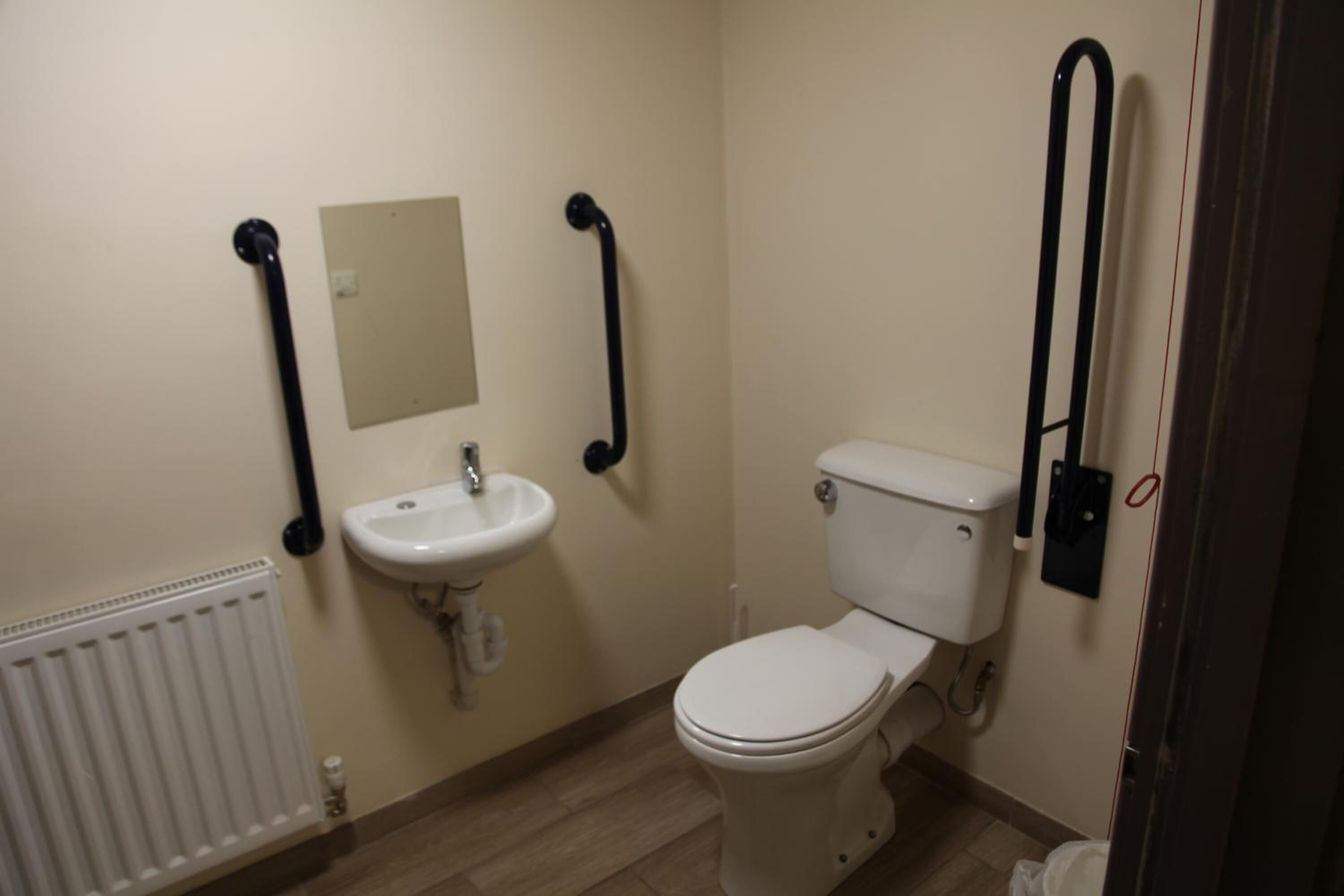 A small, clean bathroom with a white toilet, a sink, and a mirror. There are two black grab bars on the walls.